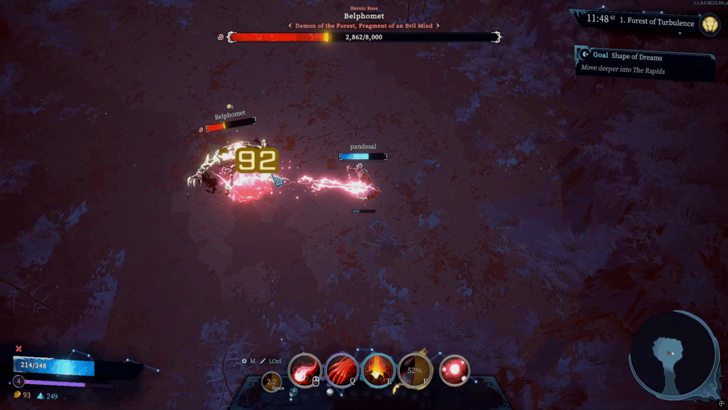 Yubar player shooting basic attack beam against first boss Belphomet